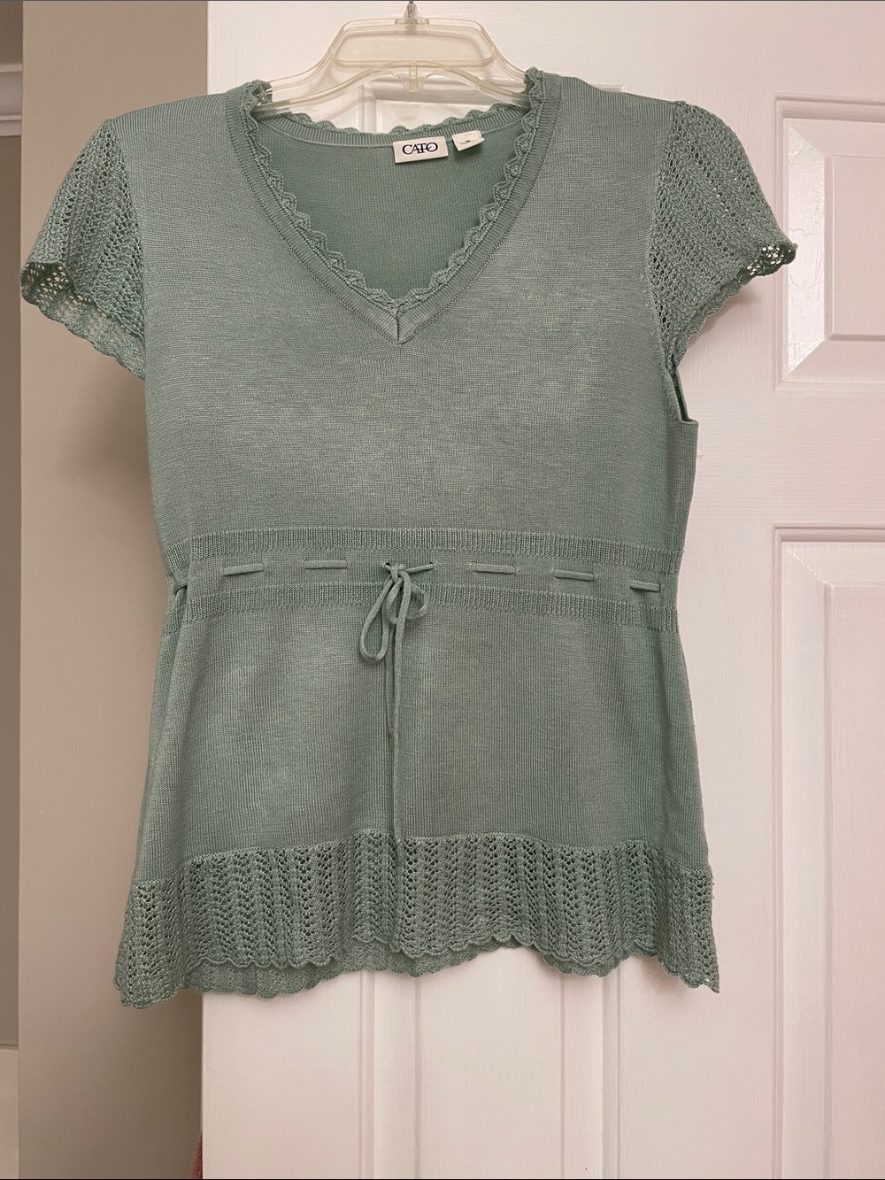 Cato Mint Green V-Neck Knit Top with Crochet Trim